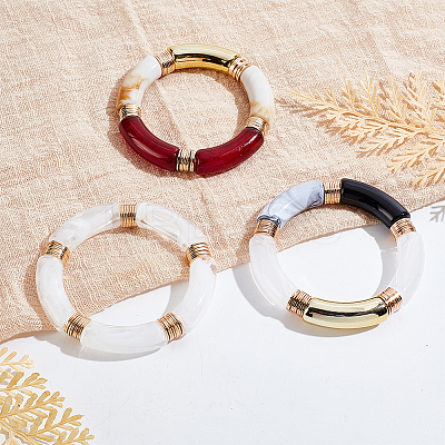 3Pcs 3 Colors Acrylic Curved Tube Beaded Stretch Bracelets Set for Women BJEW-AN0001-22-1