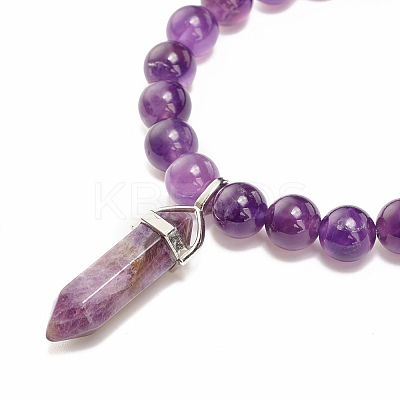 Natural Amethyst Round Beaded Stretch Bracelet with Bullet Shape Charm BJEW-JB08310-03-1