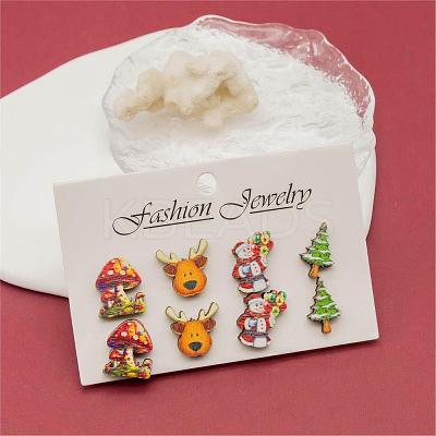 4 Pairs Snowman & Christmas Tree & Deer & Mushroom Printed Wood Stud Earrings EJEW-OY001-07-1