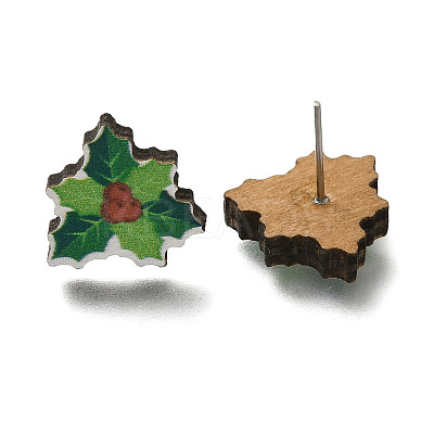 Christmas Printed Wood Stud Earrings for Women EJEW-U025-01A-1
