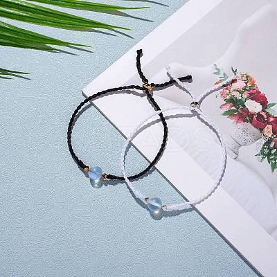 2Pcs 2 Colors Synthetic Moonstone Round Beaded Slider Bracelet BJEW-SW00057-02-1