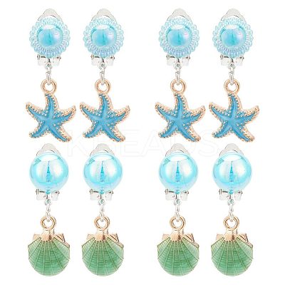 4 Pair 2 Style Imitation Shell Enamel Dangle Clip-on Earrings EJEW-AR0001-09B-1