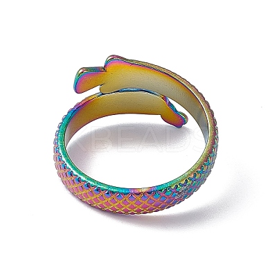 Ion Plating(IP) 304 Stainless Steel Ring Arowana Fish Wrap Open Cuff Ring for Women RJEW-C045-21M-1