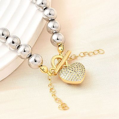 Brass Micro Pave Clear Cubic Zirconia Heart Pendant Round Beaded Necklaces for Women NJEW-D314-07PG-1