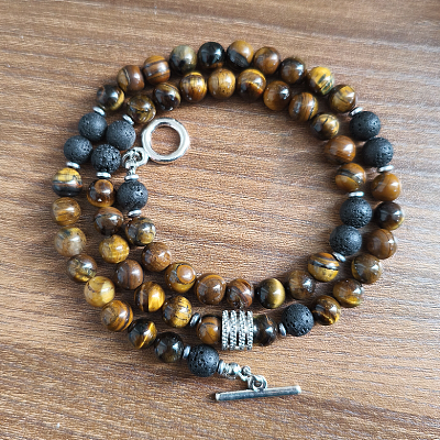 6mm Natural Tiger Eye & Lava Rock Round Beaded OT Necklaces for Men Women DT8400-3-1
