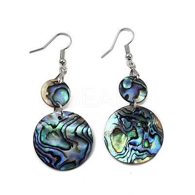 Brass Natural Paua Shell Flat Round Dangle Earrings EJEW-S278-01P-1