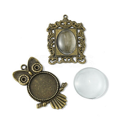 DIY Blank Owl/Round Glass & Tibetan Style Alloy Pendant Making Kits DIY-FS0006-11-1
