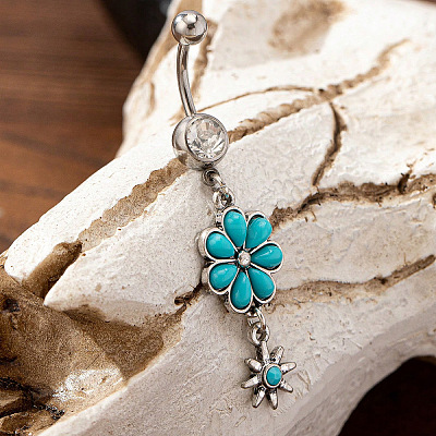 Cowboy Theme 304 Stainless Steel Pave Synthetic Turquoise Curved Barbell Dangle Belly Rings FS-WGEFD82-05-1