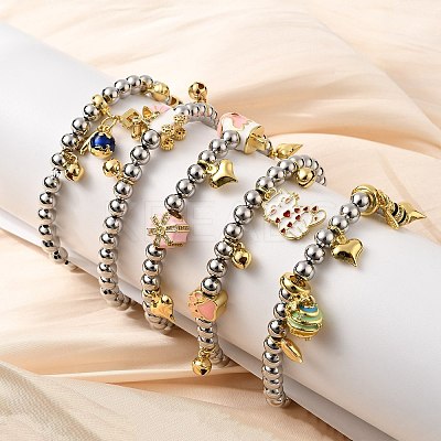 Brass Enamel Round Beads Charm Bracelets for Women BJEW-D317-11PG-1