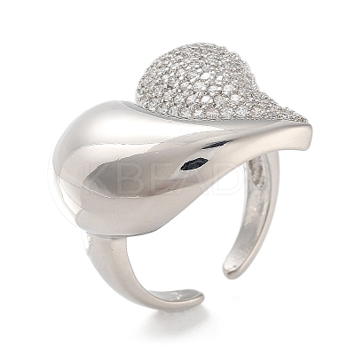 Brass Micro Pave Clear Cubic Zirconia Heart Open Cuff Ring for Women RJEW-C102-11P-1