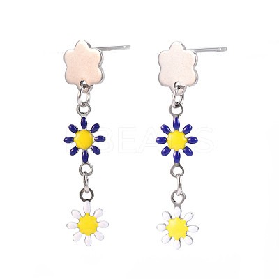 Enamel Flower Long Dangle Stud Earrings EJEW-N049-04B-1