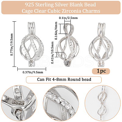 Anti-Tarnish 1Pc Rhodium Plated 925 Sterling Silver Empty Bead Cage Pendants STER-BBC0005-69B-1