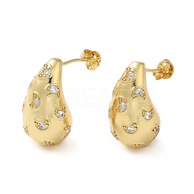 Cubic Zirconia Teardrop with Moon Stud Earrings EJEW-Z019-21G-1