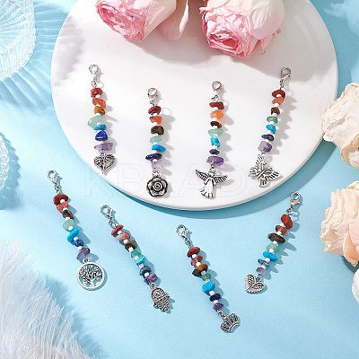 Chakra Natural Red Jasper & South Red Agate & Tiger Eye & Green Aventurine & Amethyst & Lapis Lazuli & Synthetic Turquoise Chips & Alloy Pendant Decorations HJEW-JM03181-1