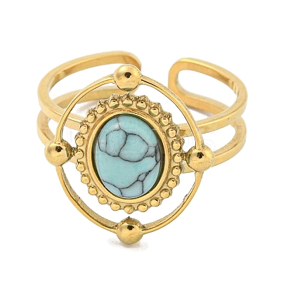 Ion Plating(IP) 304 Stainless Steel Synthetic Turquoise Cuff Rings G-Z056-04G-05-1