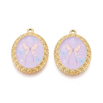 Vintage Printed Style 304 Stainless Steel Oval with Butterfly Pendants STAS-T071-29A-G-1