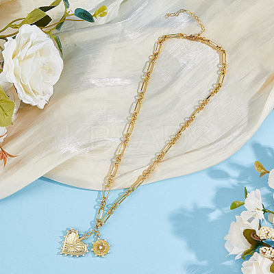 Brass Micro Pave Clear Cubic Zirconia Sun Heart Pendant Link Chain Necklaces NJEW-HS00021-1
