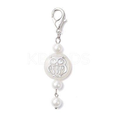 4Pcs 4 Styles Natural Shell with Glass Pearl Bead Flat Round with Owl Starfish Turtle Vortex Pendant Decorations HJEW-JM03927-1