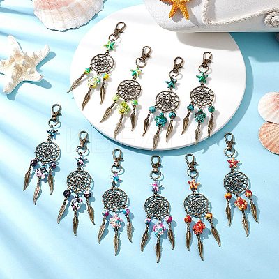 Synthetic Turquoise Starfish Turtle & Alloy Woven Net/Web with Feather Pendant Decorations HJEW-JM03126-1