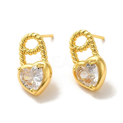 Heart Brass Micro Pave Cubic Zirconia Stud Earrings EJEW-H128-01G-1