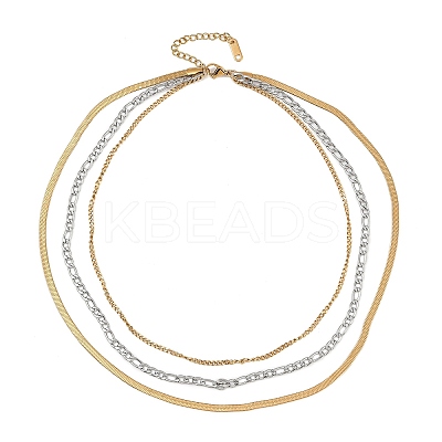 304 Stainless Steel Flat Snake Chain Figaro Chain Twisted Chain 3 Layer Necklaces for Women NJEW-K288-04GP-1
