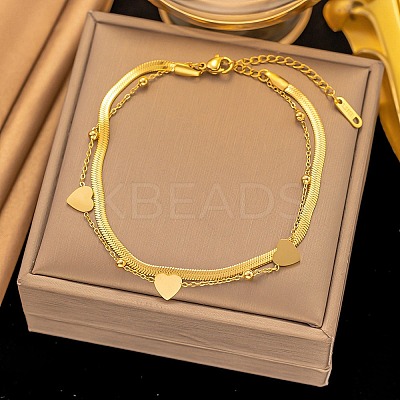 304 Stainless Steel Double Layer Heart Link Chain Anklets for Women AJEW-Q012-01G-1