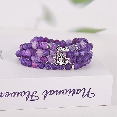 Natural Weathered Agate Round Beaded Wrap Bracelet with Alloy Ohm/Aum Lotus AJEW-PH00503-01-1
