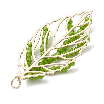 3Pcs 3 Colors Handmade Glass Seed Beaded Leaf Shape Pendants PALLOY-MZ00935-1
