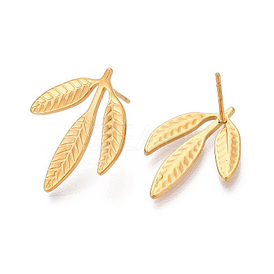 Ion Plating(IP) 304 Stainless Steel Leaf Stud Earrings for Women X-EJEW-F300-11G-1