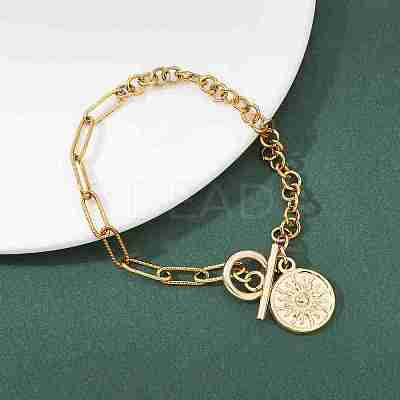 Flat Round with Sun 201 Stainless Steel Charm Bracelets BJEW-JB12679-1
