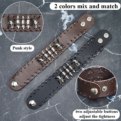 2Pcs 2 Colors Halloween Skull Leather Cord Bracelets for Men BJEW-GF0001-29-1
