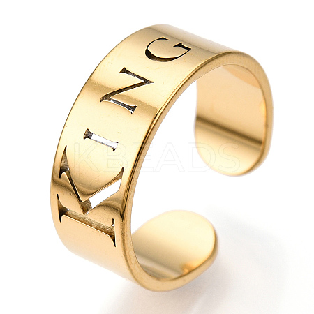 Ion Plating(IP) 304 Stainless Steel Word King Open Cuff Ring for Women RJEW-T027-09G-1