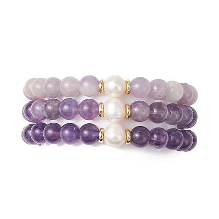 3Pcs Round Natural Lavender Amethyst & Amethyst & Pearl Beaded Stackable Stretch Bracelets Sets BJEW-JB12994-1