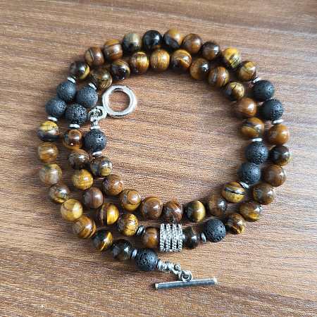6mm Natural Tiger Eye & Lava Rock Round Beaded OT Necklaces for Men Women DT8400-3-1
