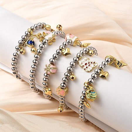 Brass Enamel Round Beads Charm Bracelets for Women BJEW-D317-11PG-1