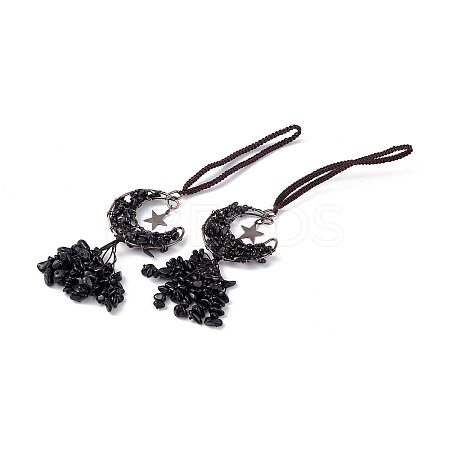 Natural Black Agate Moon with Chips Tassel Pendant Decorations G-L524-07R-B01-1