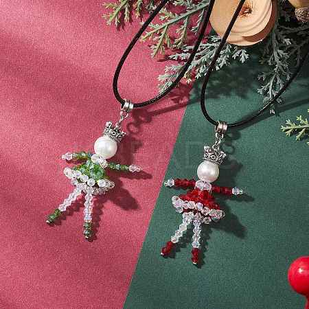 2Pcs 2 Colors Alloy Glass Beaded Christmas Doll Pendant Necklaces NJEW-MZ00135-1
