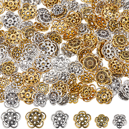 180Pcs 6 Style Tibetan Style Alloy Flower Bead Caps FIND-SC0008-77-1