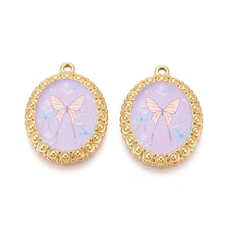 Vintage Printed Style 304 Stainless Steel Oval with Butterfly Pendants STAS-T071-29A-G-1
