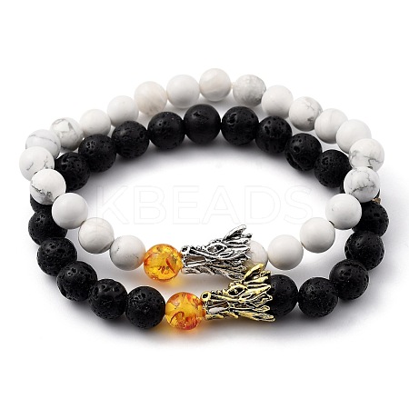 Men's Natural Howlite & Lava Rock Stretch Beaded Bracelets Sets BJEW-JB05429-1