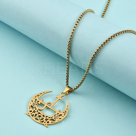201 Stainless Steel Hollow Crescent Moon Pendant Box Chain Necklaces NJEW-M086-02G-1