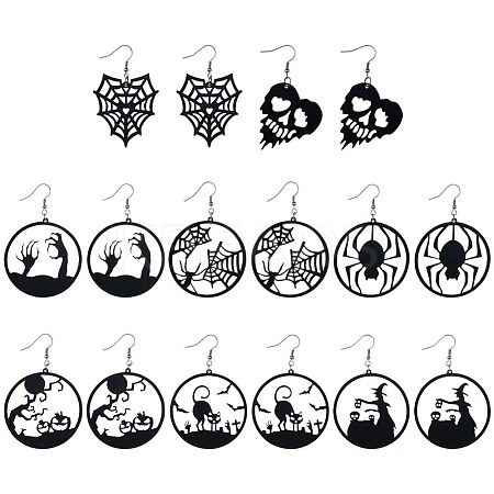 SUNNYCLUE 8 Pairs 8 Styles Halloween Spider Web & Witch & Cat & Skull Acrylic Dangle Earrings for Women EJEW-SC0001-36-1