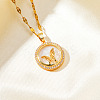 Brass Clear Cubic Zirconia Flat Round Butterfly Pendant Dapped Chain Necklaces for Women WA9125-1