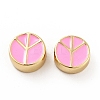 Flat Round with Peace Sign Brass Enamel Beads KK-G419-05G-03-2