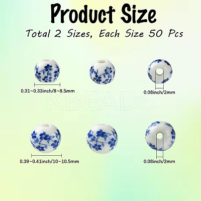 100Pcs 2 Styles Handmade Flower Printed Porcelain Ceramic Beads PORC-LT0001-11-1