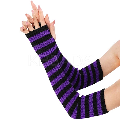 Stripe Acrylic Fibers Knitting Long Fingerless Gloves PW-WG9BE2E-06-1