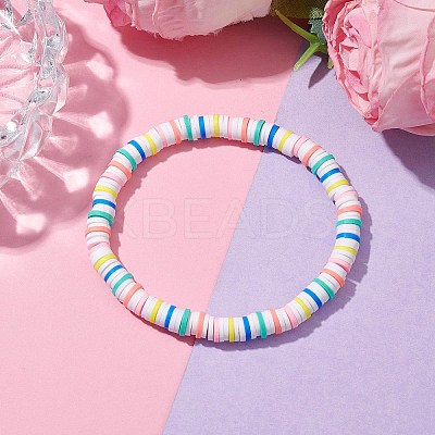 Rainbow Color Disc Handmade Polymer Clay Beaded Stretch Bracelets for Women BJEW-JB10353-01-1