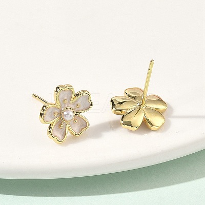 Flower Brass & ABS Plastic Pearl Stud Earrings EJEW-P336-07G-01-1