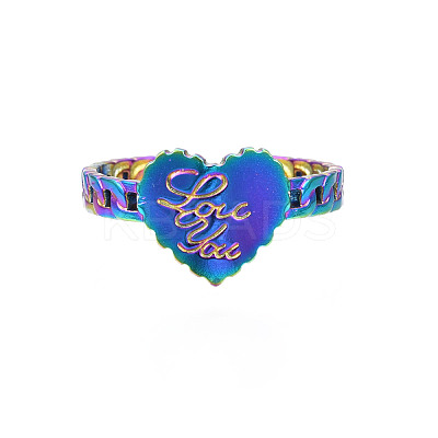 Ion Plating(IP) Rainbow Color 304 Stainless Steel Heart with Word Love You Open Cuff Ring for Women RJEW-S405-261M-1