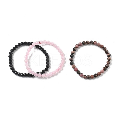 3Pcs 3 Style Natural Rhodonite & Black Agate & Rose Quartz Round Beaded Stretch Bracelets Set PW23030761414-1